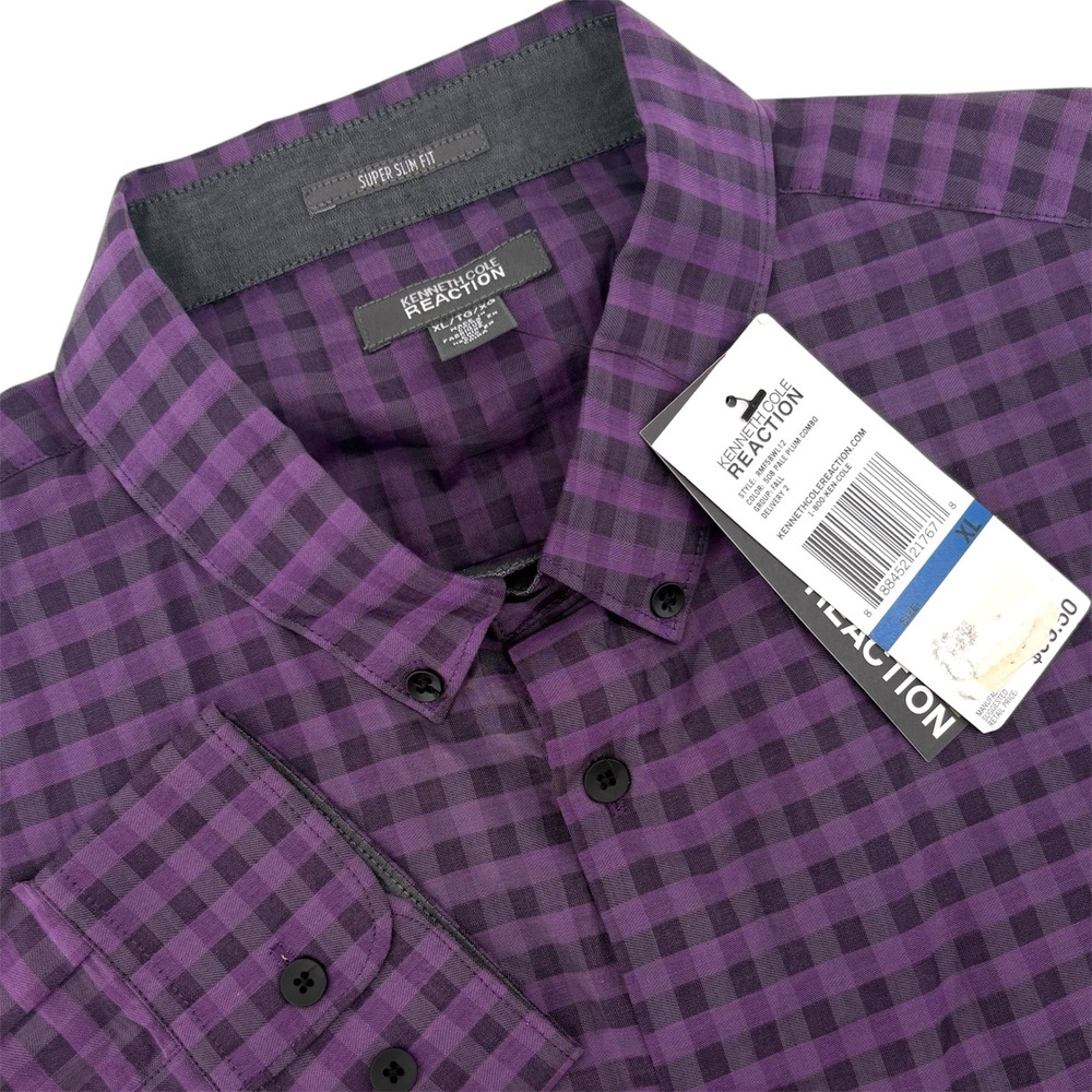 Kenneth Cole Reaction Mens XL Super Slim Fit Gingham Shirt Purple RMF5BWL12 NWT